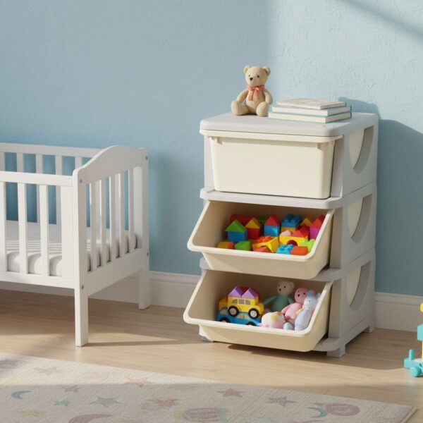HOMCOM Schubladenschrank Für Kinder Mit Stauraum Aufbewahrungsboxen Spielzeug-Organizer Spielzeugkiste Drei Ebenen Für Kinderzimmer 3-6 Jahre Kindermöbel Cremeweiß 37 x 37 x 56,5 cm