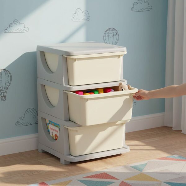 HOMCOM Schubladenschrank Für Kinder Mit Stauraum Aufbewahrungsboxen Spielzeug-Organizer Spielzeugkiste Drei Ebenen Für Kinderzimmer 3-6 Jahre Kindermöbel Cremeweiß 37 x 37 x 56,5 cm