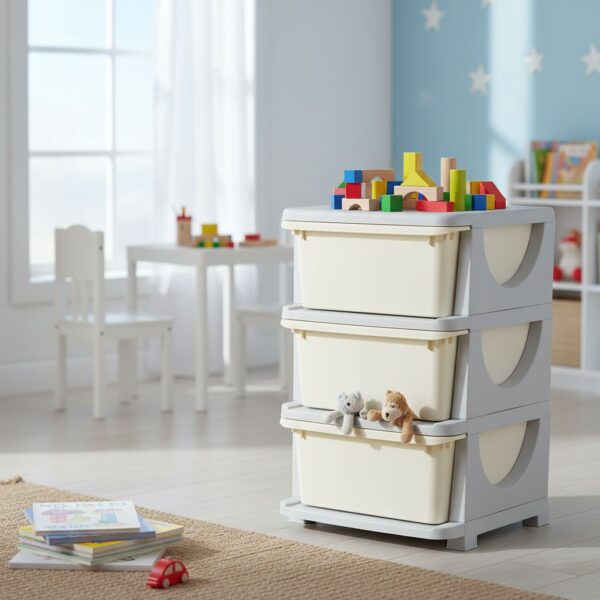 HOMCOM Schubladenschrank Für Kinder Mit Stauraum Aufbewahrungsboxen Spielzeug-Organizer Spielzeugkiste Drei Ebenen Für Kinderzimmer 3-6 Jahre Kindermöbel Cremeweiß 37 x 37 x 56,5 cm